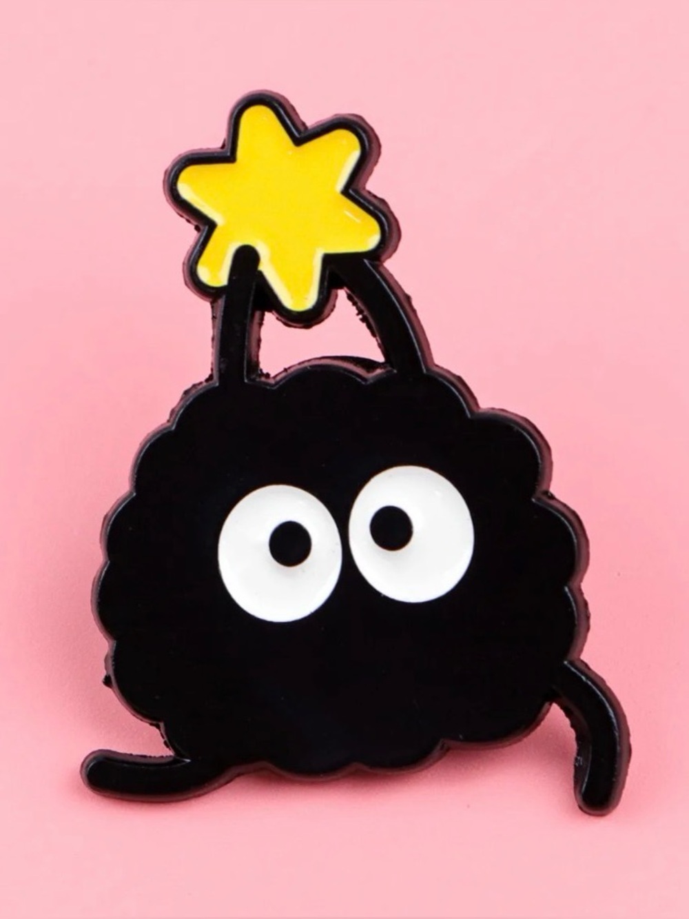 Cute Black Dust Sprite Holding Yellow Star Enamel Pin